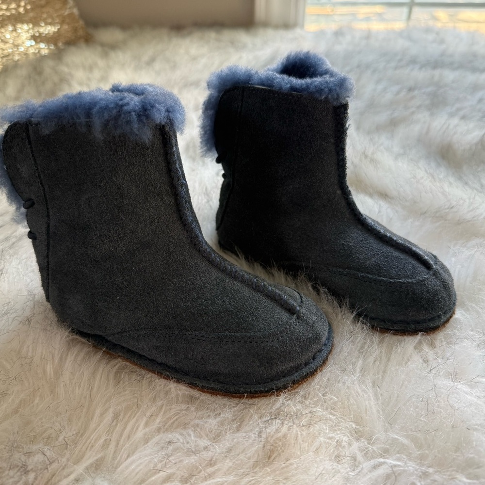 UGG Kids Dark Gray Boots with Blue Shearling Trim